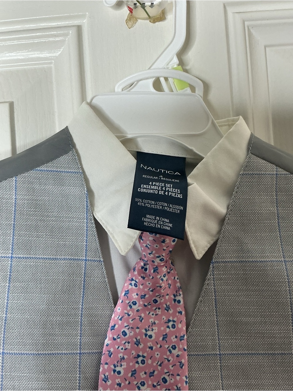 Nautica Light Gray Plaid Vest & Pants with Pink Tie - Picture 2 of 3